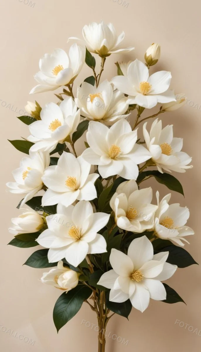 A Bouquet Of Large Delicate White Flowers With Golden Centers Against A Beige Background The Flowers Appear To Be Magnolias Or Similar Large Blossoms With Intricate Petal Structures And Curving Stems 1 8003