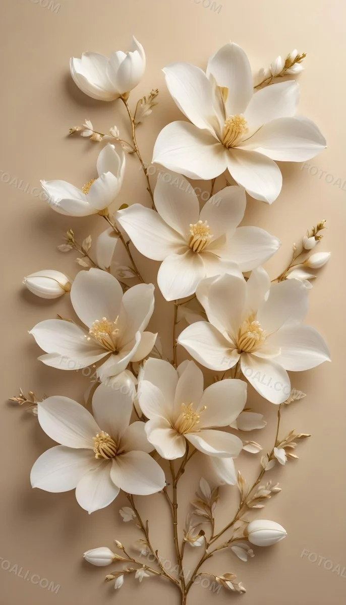 A Bouquet Of Large Delicate White Flowers With Golden Centers Against A Beige Background The Flowers Appear To Be Magnolias Or Similar Large Blossoms With Intricate Petal Structures And Curving Stems 1 807f