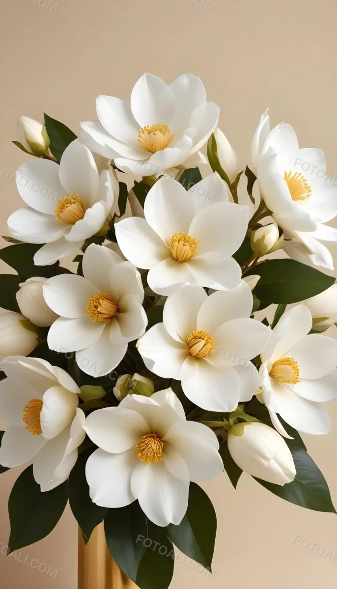 A Bouquet Of Large Delicate White Flowers With Golden Centers Against A Beige Background The Flowers Appear To Be Magnolias Or Similar Large Blossoms With Intricate Petal Structures And Curving Stems 10 8a97