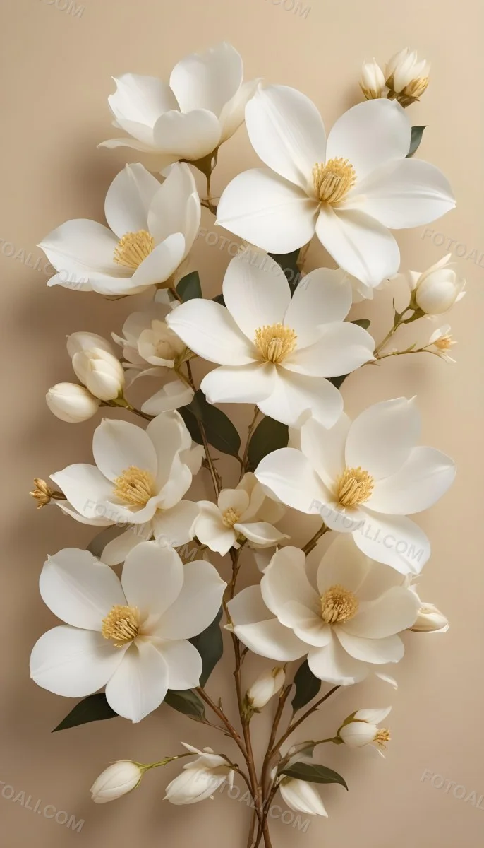 A Bouquet Of Large Delicate White Flowers With Golden Centers Against A Beige Background The Flowers Appear To Be Magnolias Or Similar Large Blossoms With Intricate Petal Structures And Curving Stems 12 F050
