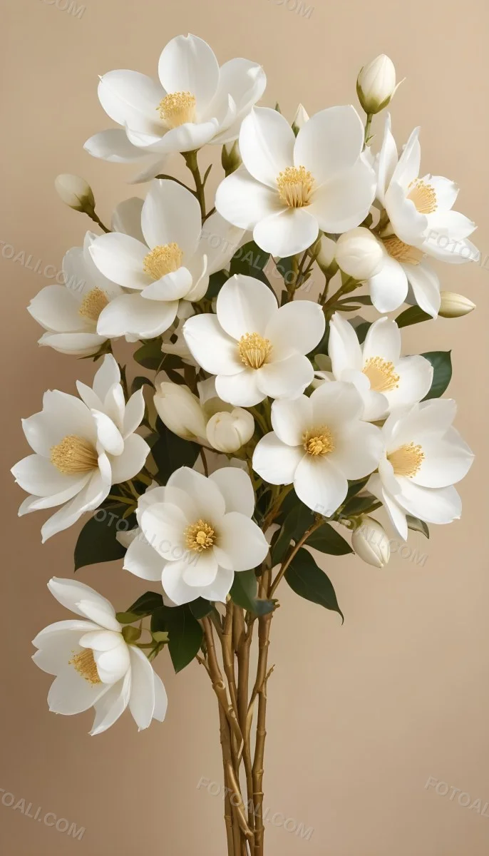 A Bouquet Of Large Delicate White Flowers With Golden Centers Against A Beige Background The Flowers Appear To Be Magnolias Or Similar Large Blossoms With Intricate Petal Structures And Curving Stems 14 604d