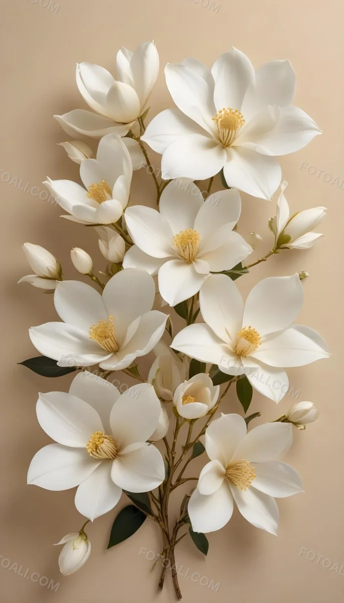 A Bouquet Of Large Delicate White Flowers With Golden Centers Against A Beige Background The Flowers Appear To Be Magnolias Or Similar Large Blossoms With Intricate Petal Structures And Curving Stems 15 2809