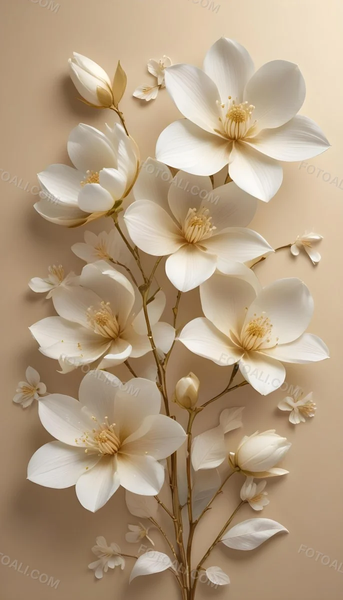 A Bouquet Of Large Delicate White Flowers With Golden Centers Against A Beige Background The Flowers Appear To Be Magnolias Or Similar Large Blossoms With Intricate Petal Structures And Curving Stems 2 0a51