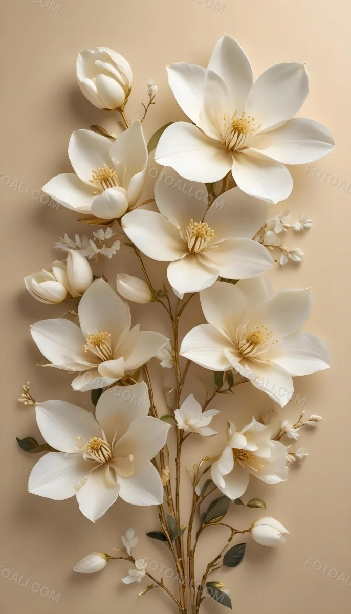 A Bouquet Of Large Delicate White Flowers With Golden Centers Against A Beige Background The Flowers Appear To Be Magnolias Or Similar Large Blossoms With Intricate Petal Structures And Curving Stems 4 Be61