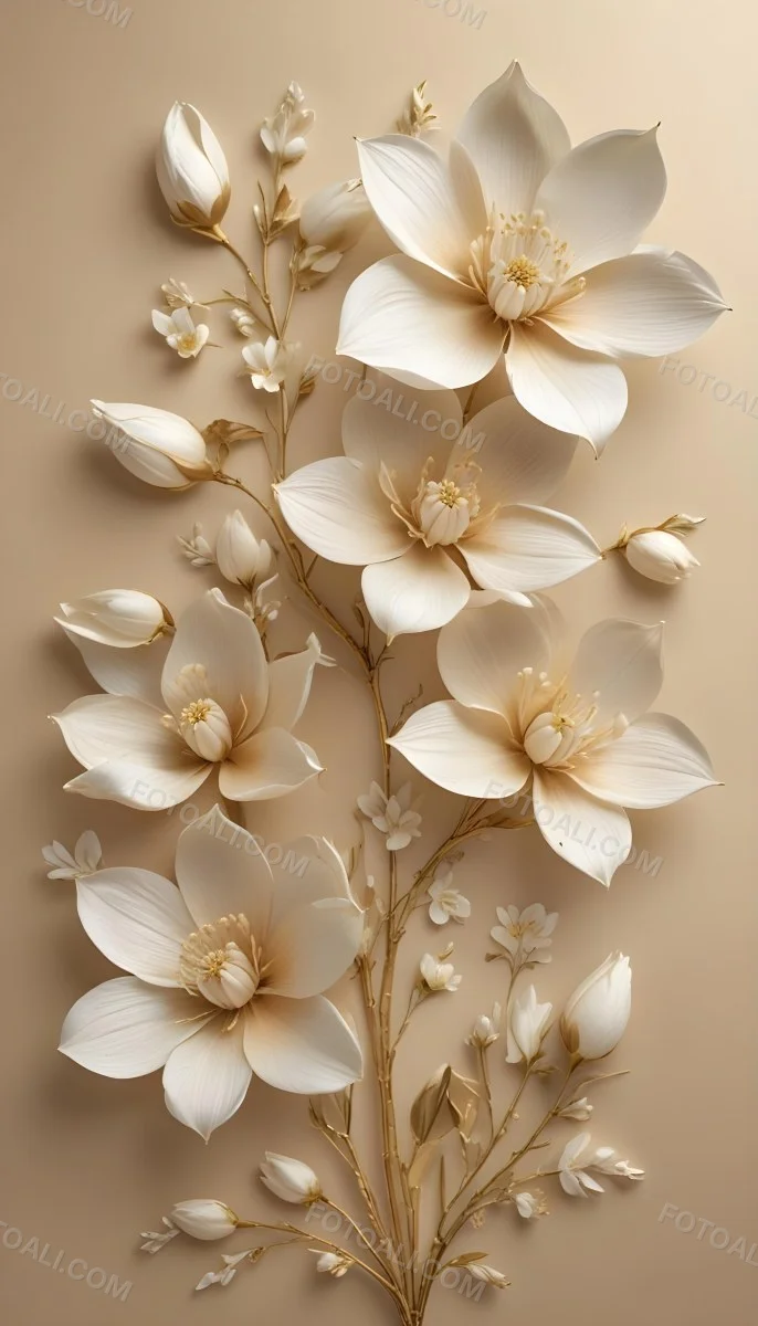 A Bouquet Of Large Delicate White Flowers With Golden Centers Against A Beige Background The Flowers Appear To Be Magnolias Or Similar Large Blossoms With Intricate Petal Structures And Curving Stems 5 1751
