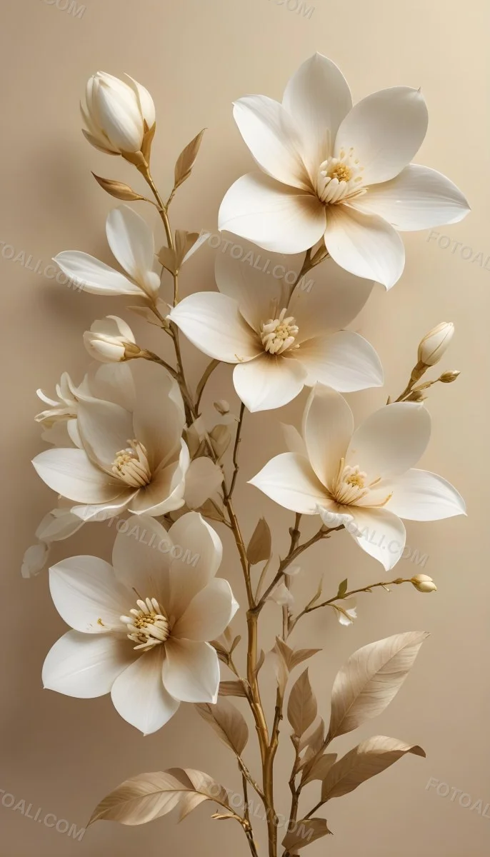 A Bouquet Of Large Delicate White Flowers With Golden Centers Against A Beige Background The Flowers Appear To Be Magnolias Or Similar Large Blossoms With Intricate Petal Structures And Curving Stems 7 3a8d