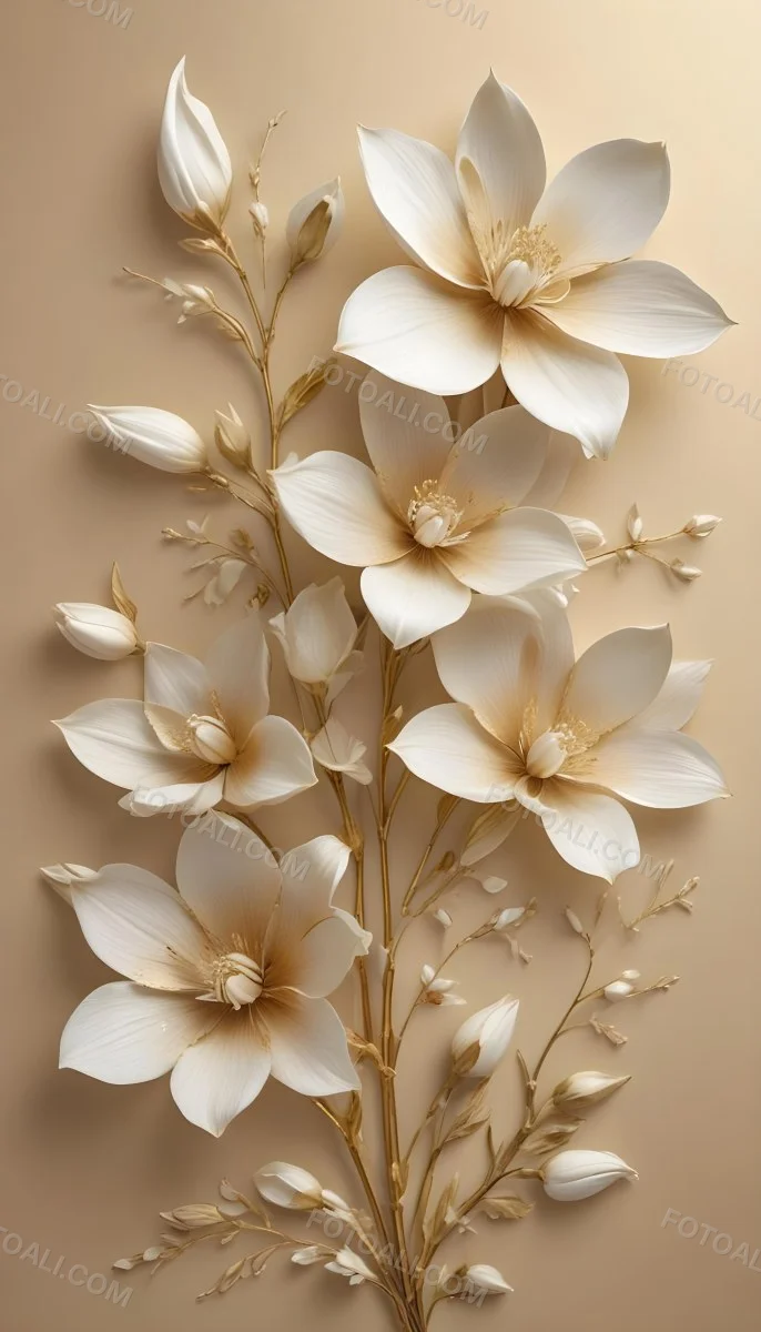 A Bouquet Of Large Delicate White Flowers With Golden Centers Against A Beige Background The Flowers Appear To Be Magnolias Or Similar Large Blossoms With Intricate Petal Structures And Curving Stems 8 211d