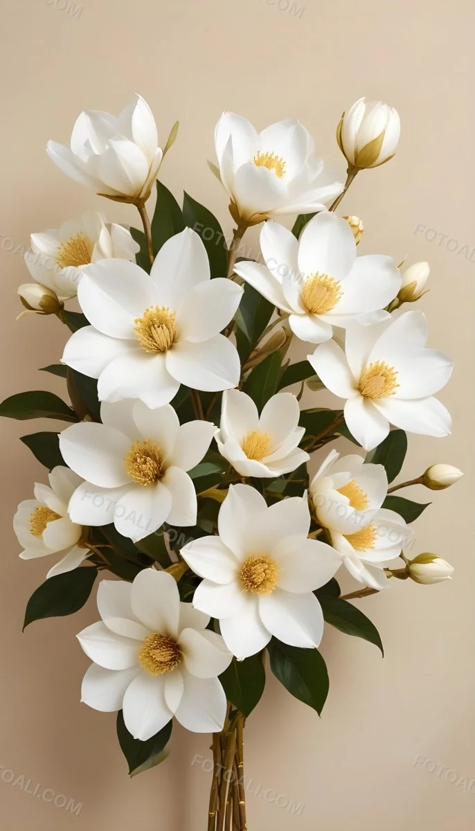 A Bouquet Of Large Delicate White Flowers With Golden Centers Against A Beige Background The Flowers Appear To Be Magnolias Or Similar Large Blossoms With Intricate Petal Structures And Curving Stems 9 5f0b
