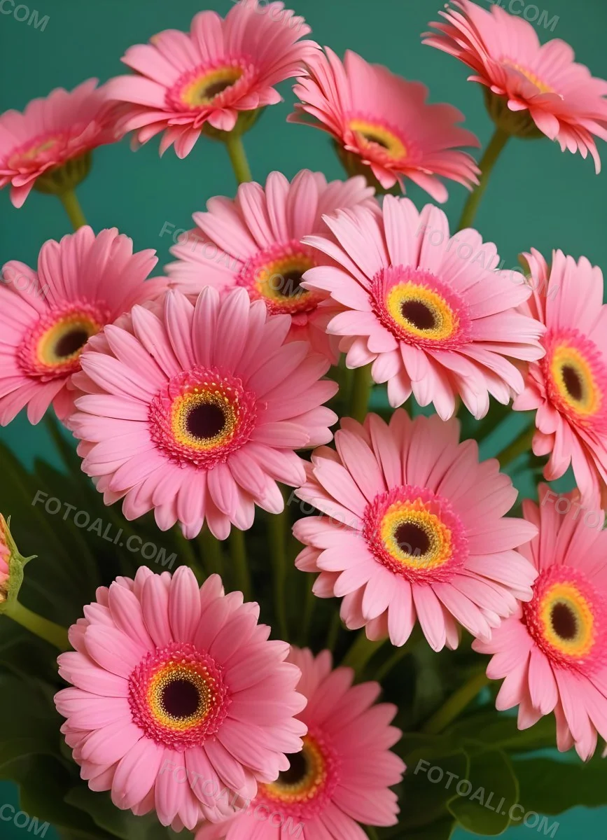 A Bouquet Of Pink Gerbera Daisies With Pink Centers And Yellow Stems Isolated On A Green Background Soft Lighting Soft Focus 15 2bf8