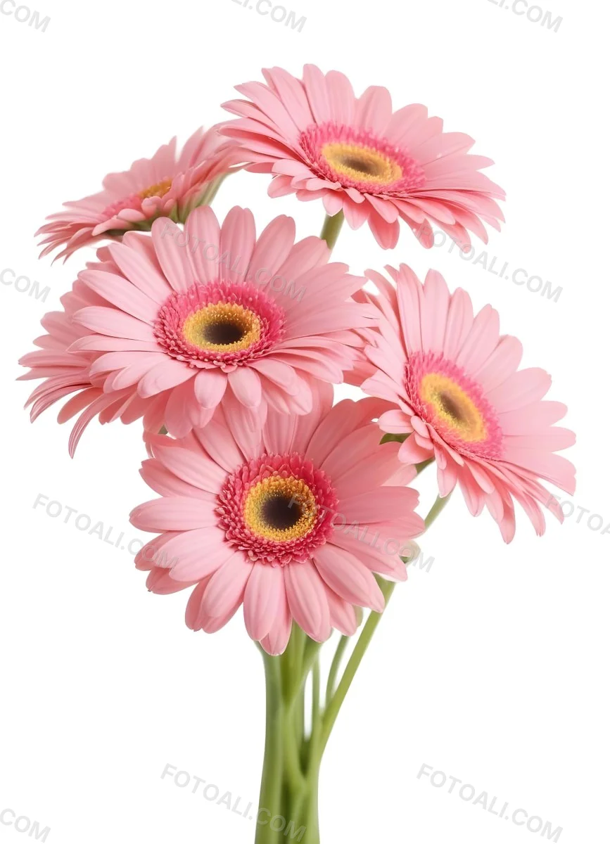 A Bouquet Of Pink Gerbera Daisies With Pink Centers And Yellow Stems Isolated On A Green Background Soft Lighting Soft Focus 2 B709