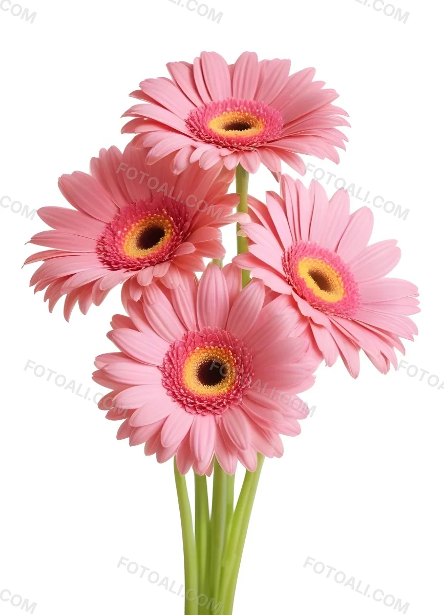 A Bouquet Of Pink Gerbera Daisies With Pink Centers And Yellow Stems Isolated On A Green Background Soft Lighting Soft Focus 24 70e4