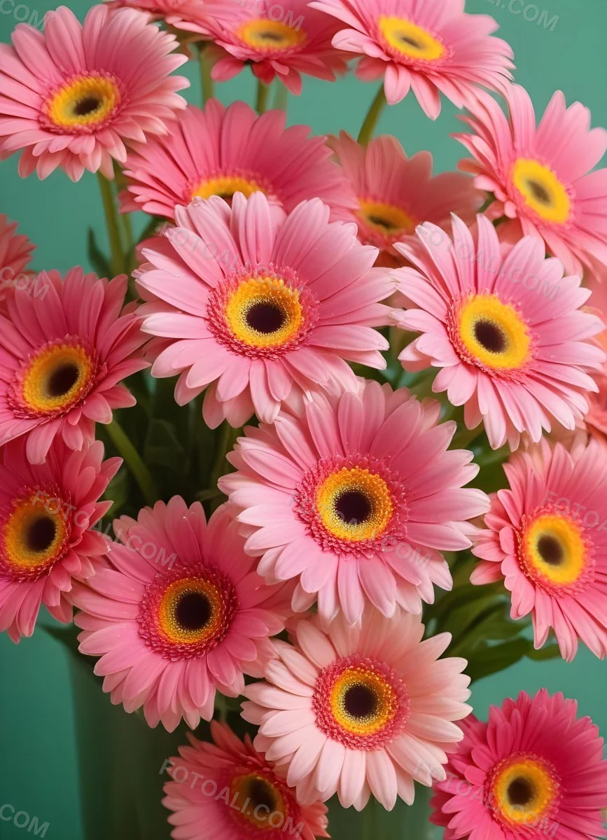 A Bouquet Of Pink Gerbera Daisies With Pink Centers And Yellow Stems Isolated On A Green Background Soft Lighting Soft Focus 9 6159