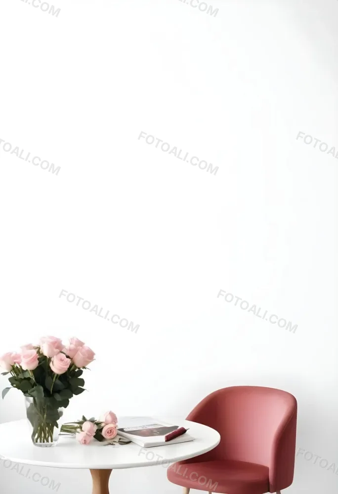 A Bouquet Of Pink Roses On A White Table Next To A Red Chair Against A White Wall In A Minimalist Room 11 B8aa