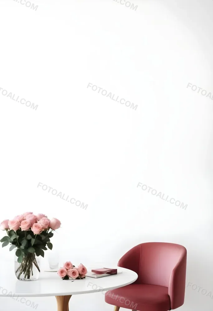 A Bouquet Of Pink Roses On A White Table Next To A Red Chair Against A White Wall In A Minimalist Room 13 F688