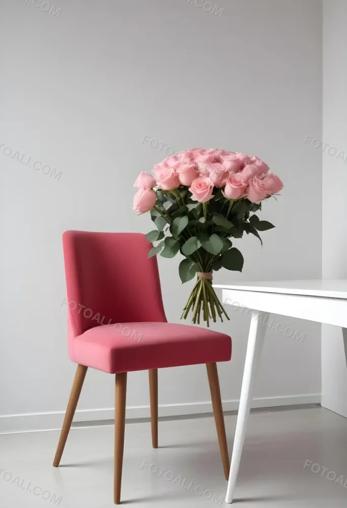 A Bouquet Of Pink Roses On A White Table Next To A Red Chair Against A White Wall In A Minimalist Room 18 C0d8