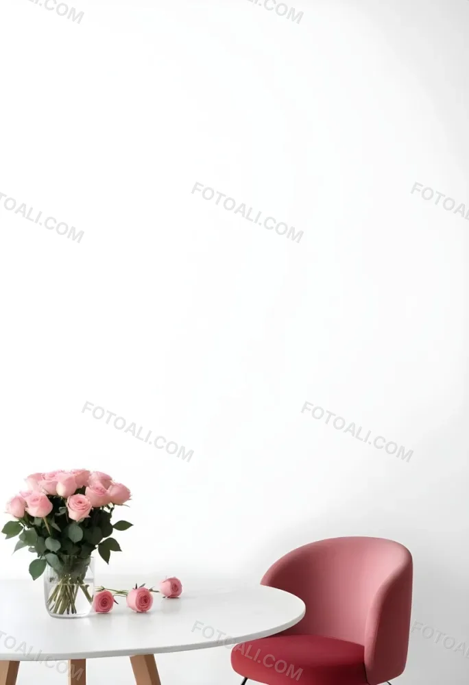 A Bouquet Of Pink Roses On A White Table Next To A Red Chair Against A White Wall In A Minimalist Room 24 0a77
