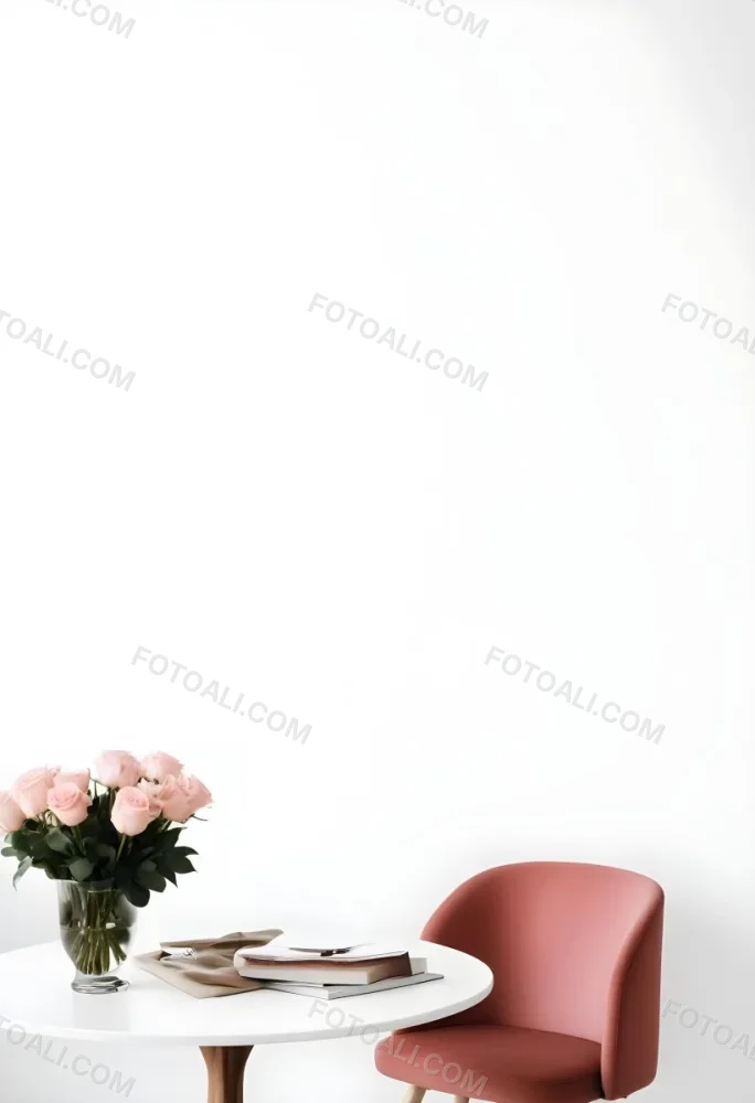 A Bouquet Of Pink Roses On A White Table Next To A Red Chair Against A White Wall In A Minimalist Room 26 7e18