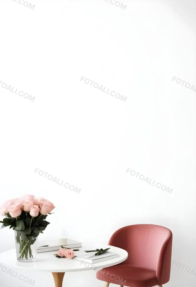 A Bouquet Of Pink Roses On A White Table Next To A Red Chair Against A White Wall In A Minimalist Room 28 1de5