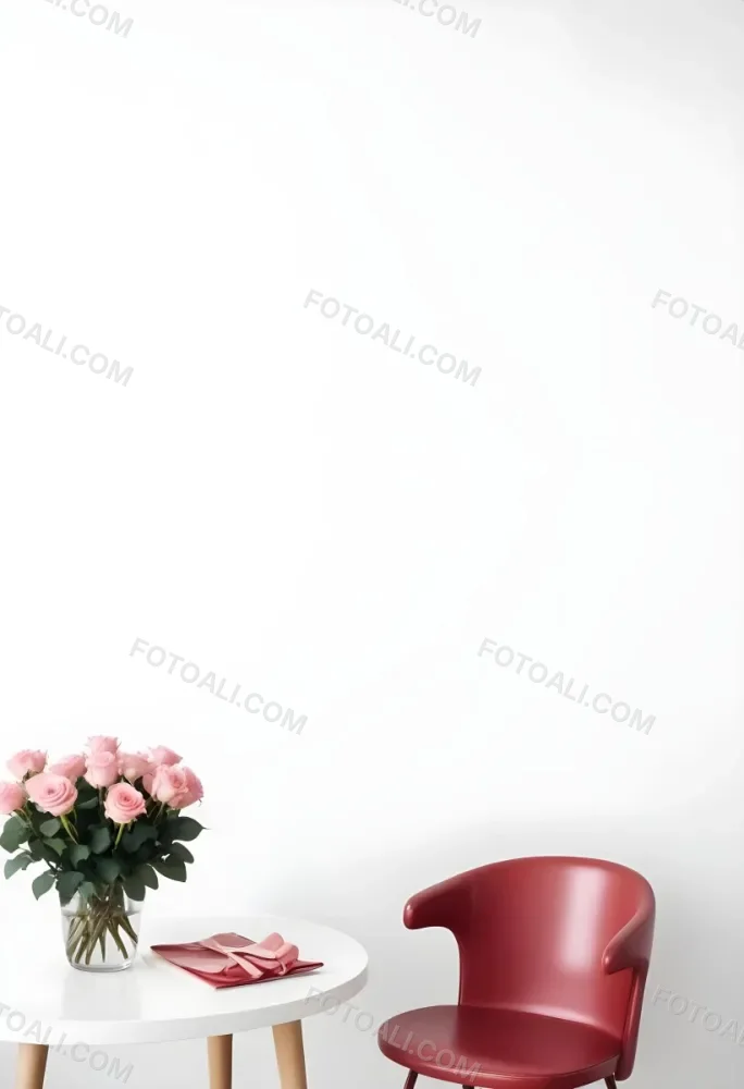 A Bouquet Of Pink Roses On A White Table Next To A Red Chair Against A White Wall In A Minimalist Room 3 E9c1