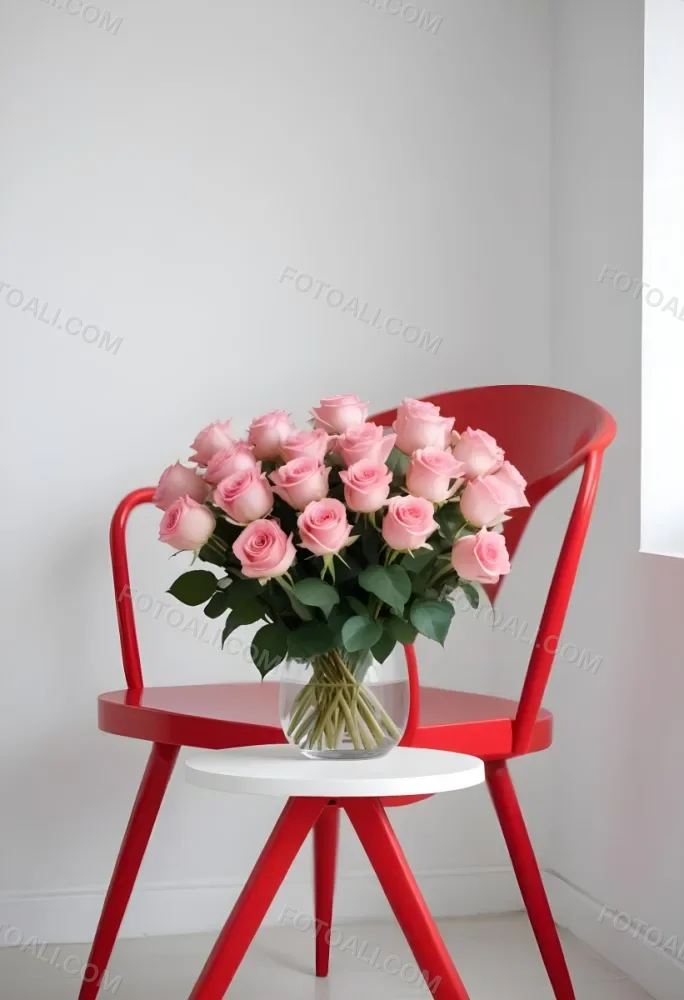 A Bouquet Of Pink Roses On A White Table Next To A Red Chair Against A White Wall In A Minimalist Room 5 962f