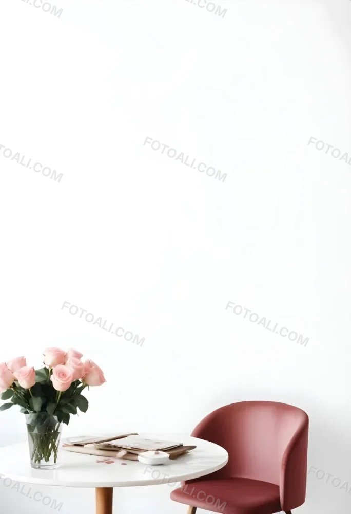A Bouquet Of Pink Roses On A White Table Next To A Red Chair Against A White Wall In A Minimalist Room 9 9530