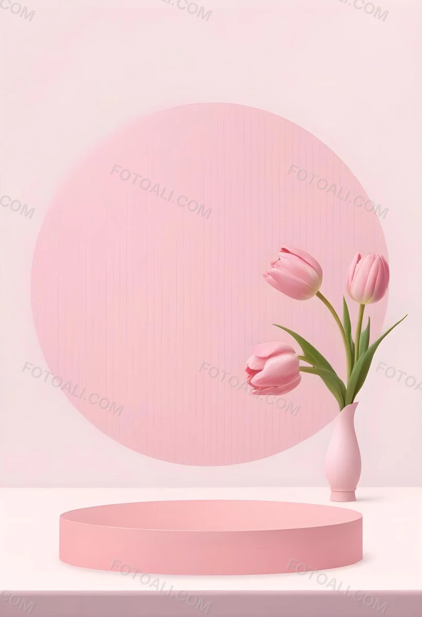 A Bouquet Of Pink Tulips In A Glass Vase Against A Pink Background 359 0136
