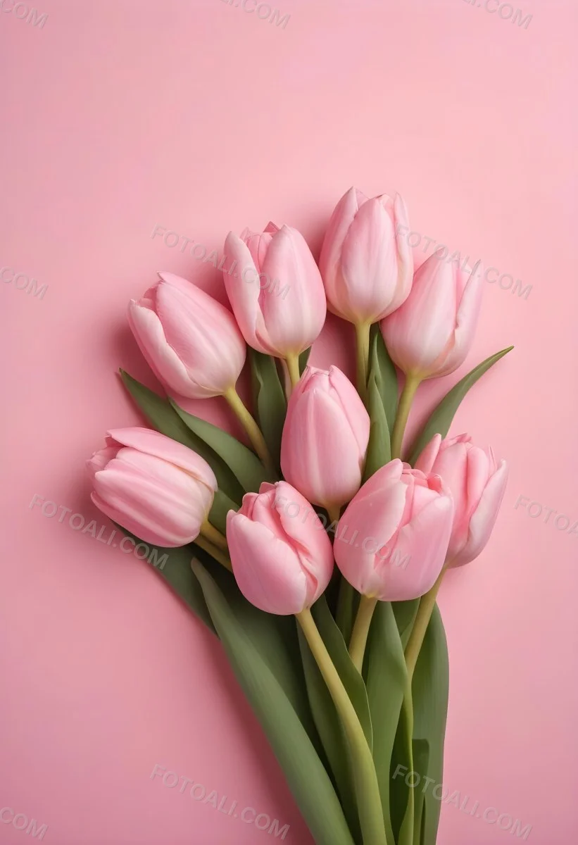 A Bouquet Of Pink Tulips In A Glass Vase Against A Pink Background 38 09f1
