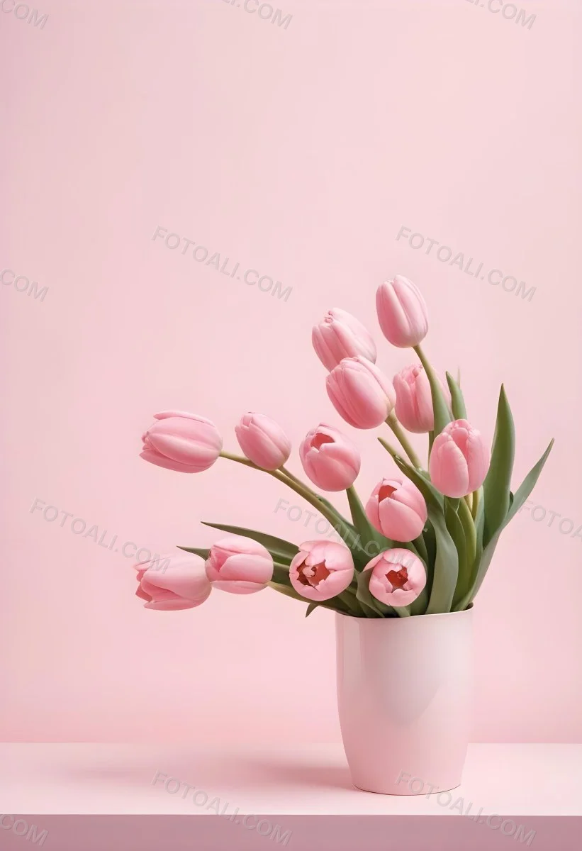 A Bouquet Of Pink Tulips In A Glass Vase Against A Pink Background 452 A9f9