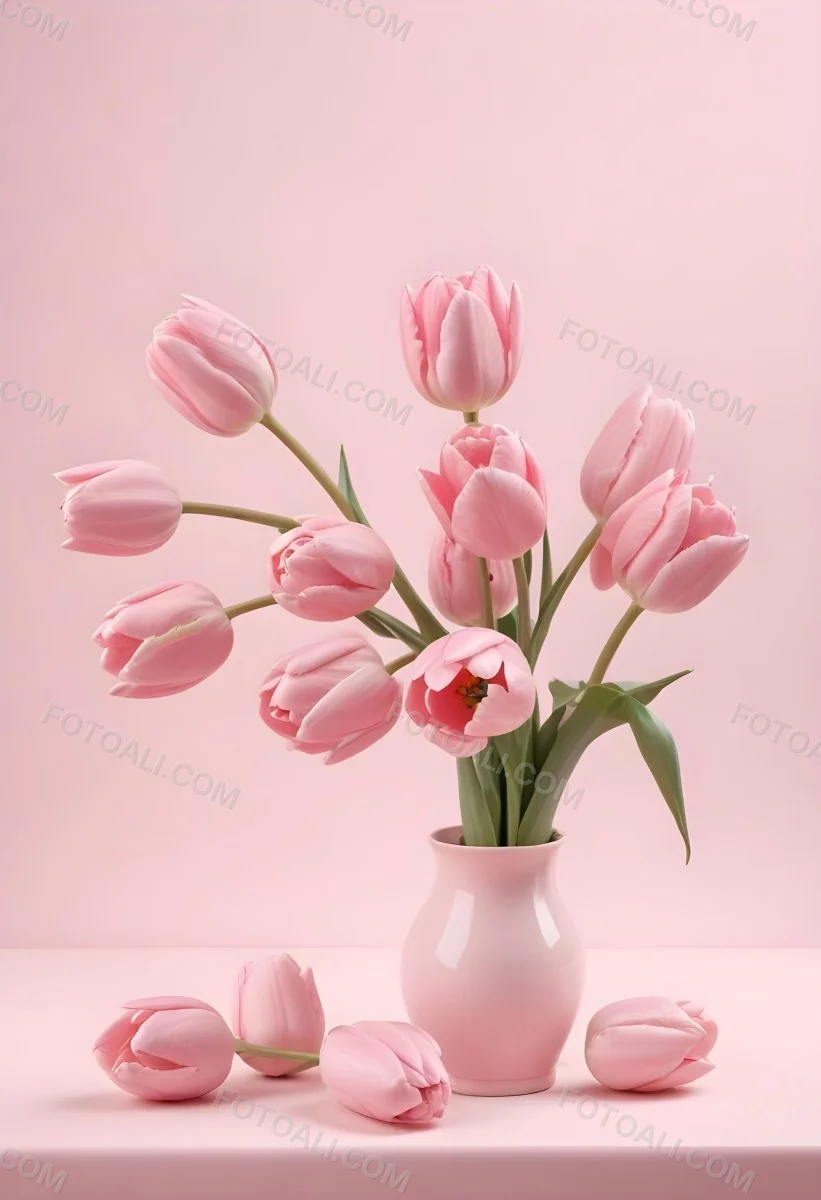 A Bouquet Of Pink Tulips In A Glass Vase Against A Pink Background 90 86c4