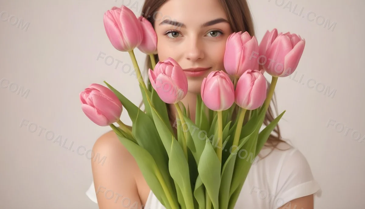 A Bouquet Of Pink Tulips In Front Of A Blurry White Woman 25 Years Old With Brown Hair In A Studio With A White Background 1 4a35