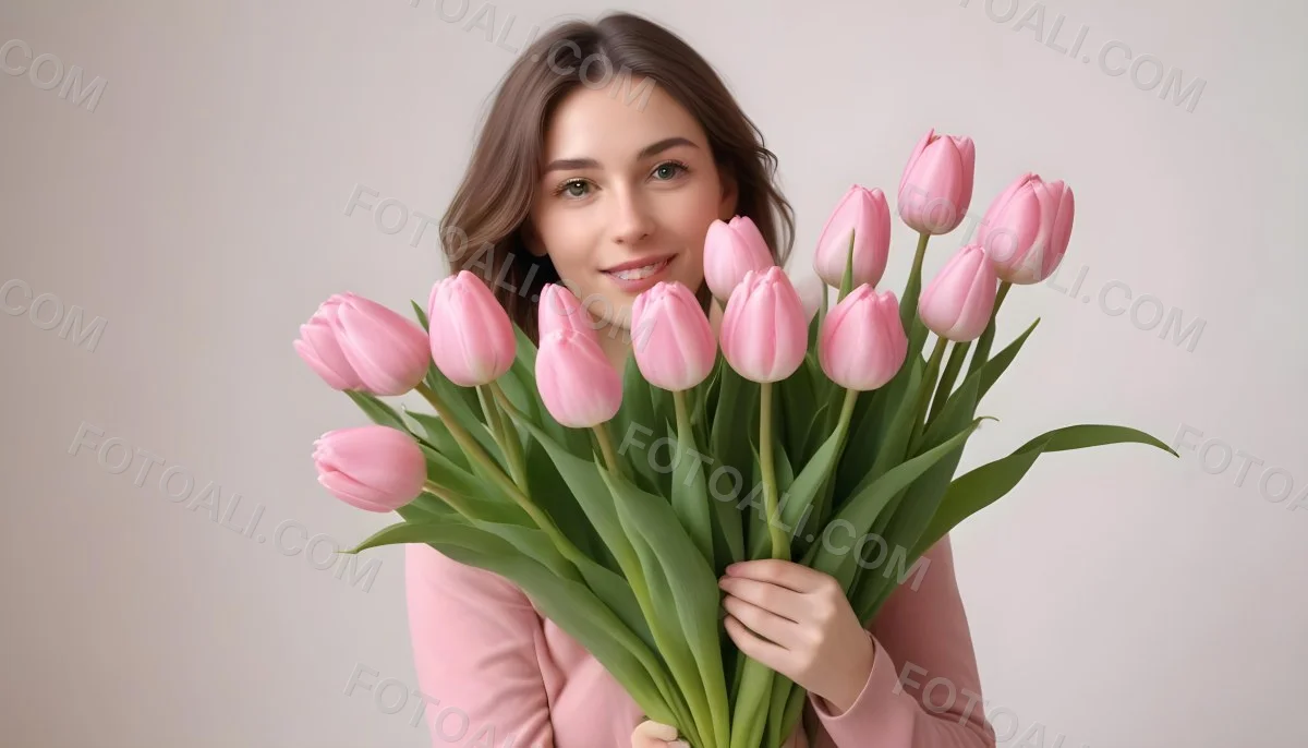A Bouquet Of Pink Tulips In Front Of A Blurry White Woman 25 Years Old With Brown Hair In A Studio With A White Background 10 962d