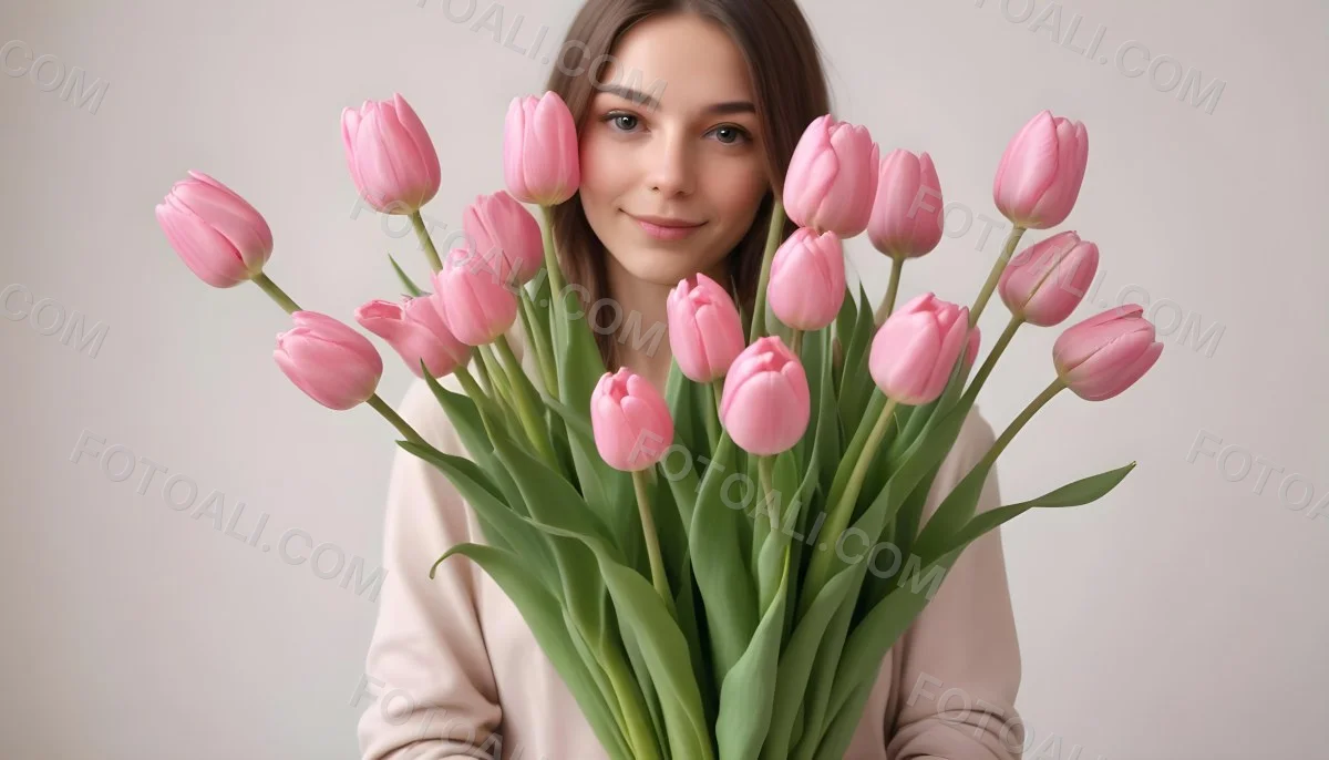 A Bouquet Of Pink Tulips In Front Of A Blurry White Woman 25 Years Old With Brown Hair In A Studio With A White Background 11 5ec4
