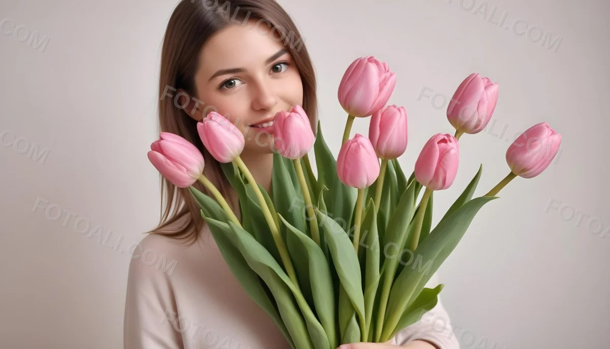 A Bouquet Of Pink Tulips In Front Of A Blurry White Woman 25 Years Old With Brown Hair In A Studio With A White Background 12 7b00