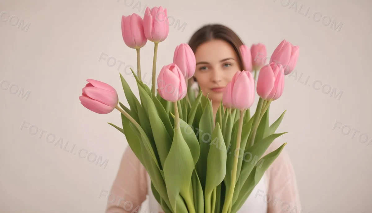 A Bouquet Of Pink Tulips In Front Of A Blurry White Woman 25 Years Old With Brown Hair In A Studio With A White Background 13 86c1