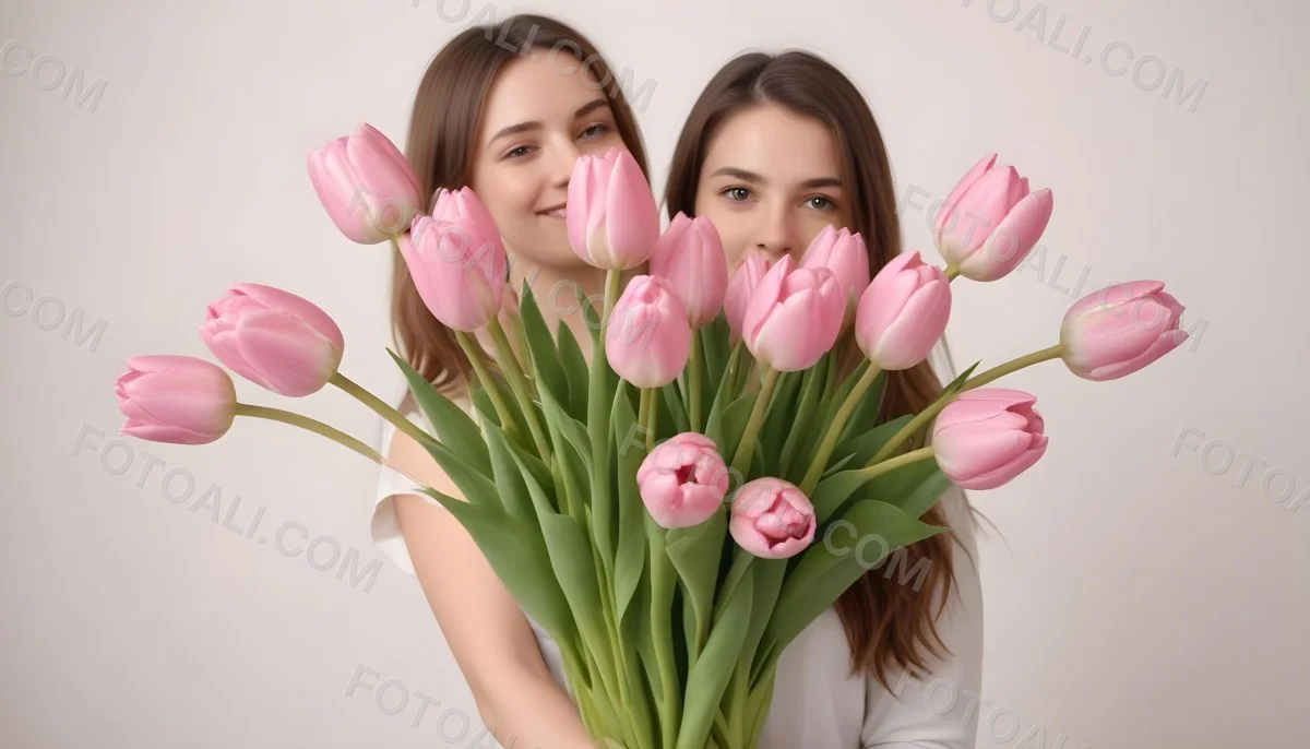 A Bouquet Of Pink Tulips In Front Of A Blurry White Woman 25 Years Old With Brown Hair In A Studio With A White Background 15 43d1
