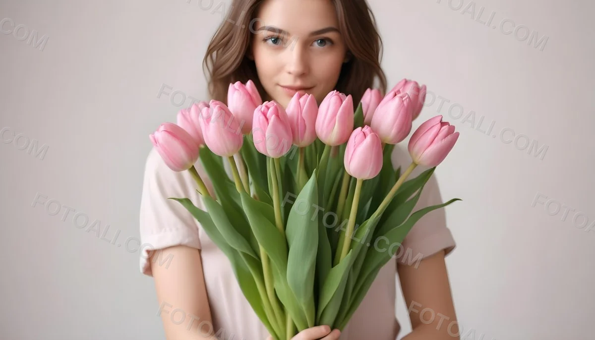 A Bouquet Of Pink Tulips In Front Of A Blurry White Woman 25 Years Old With Brown Hair In A Studio With A White Background 16 7f9a