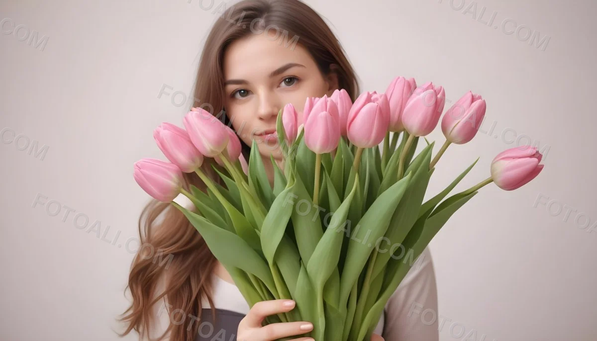 A Bouquet Of Pink Tulips In Front Of A Blurry White Woman 25 Years Old With Brown Hair In A Studio With A White Background 17 A171