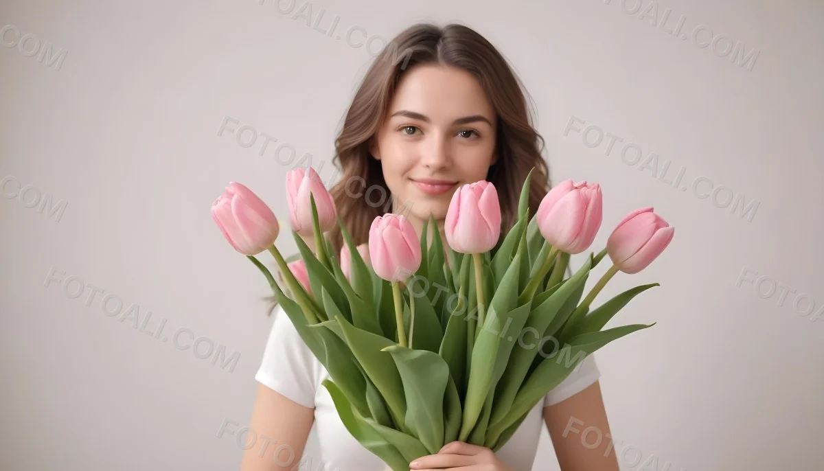 A Bouquet Of Pink Tulips In Front Of A Blurry White Woman 25 Years Old With Brown Hair In A Studio With A White Background 19 7dbd