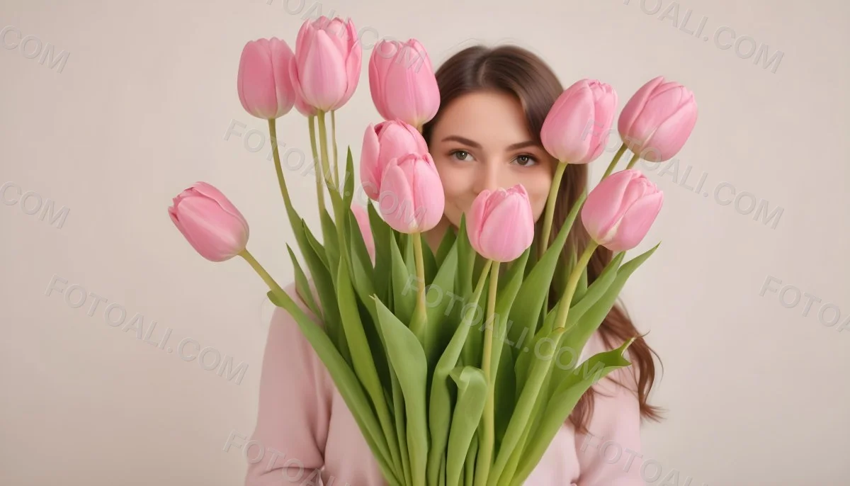 A Bouquet Of Pink Tulips In Front Of A Blurry White Woman 25 Years Old With Brown Hair In A Studio With A White Background 5 5208