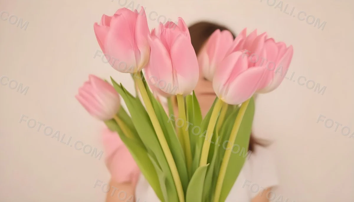 A Bouquet Of Pink Tulips In Front Of A Blurry White Woman 25 Years Old With Brown Hair In A Studio With A White Background 6 A162