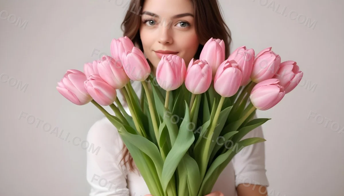 A Bouquet Of Pink Tulips In Front Of A Blurry White Woman 25 Years Old With Brown Hair In A Studio With A White Background 8 Af14