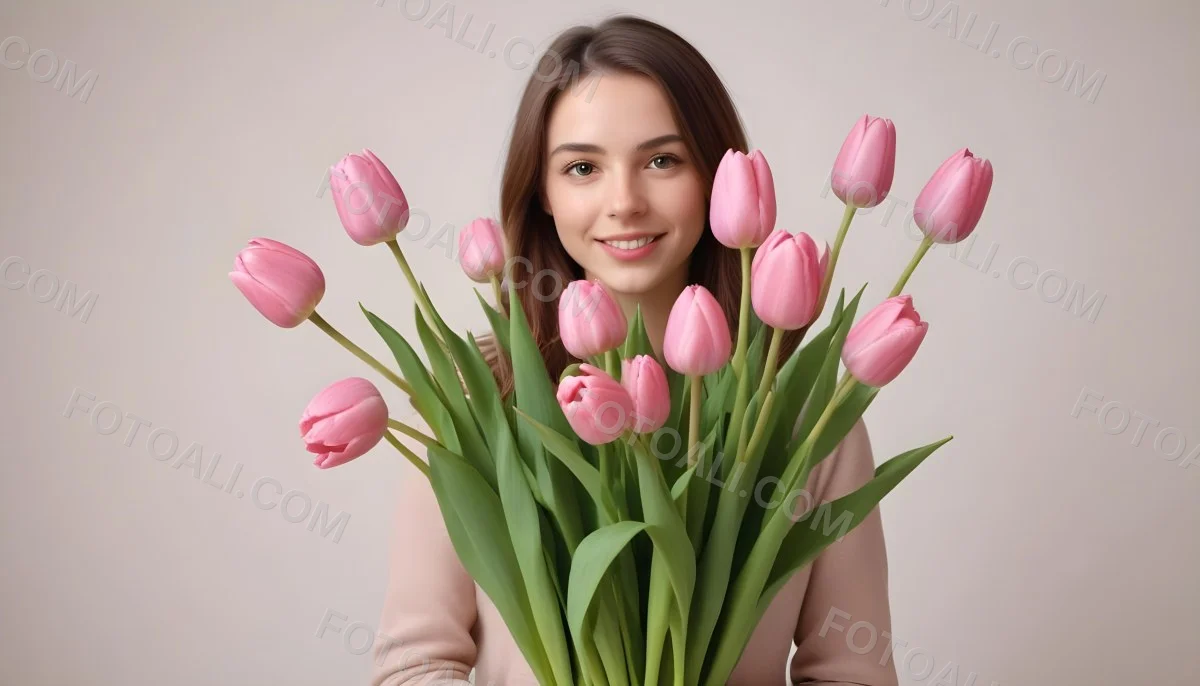 A Bouquet Of Pink Tulips In Front Of A Blurry White Woman 25 Years Old With Brown Hair In A Studio With A White Background 9 4907