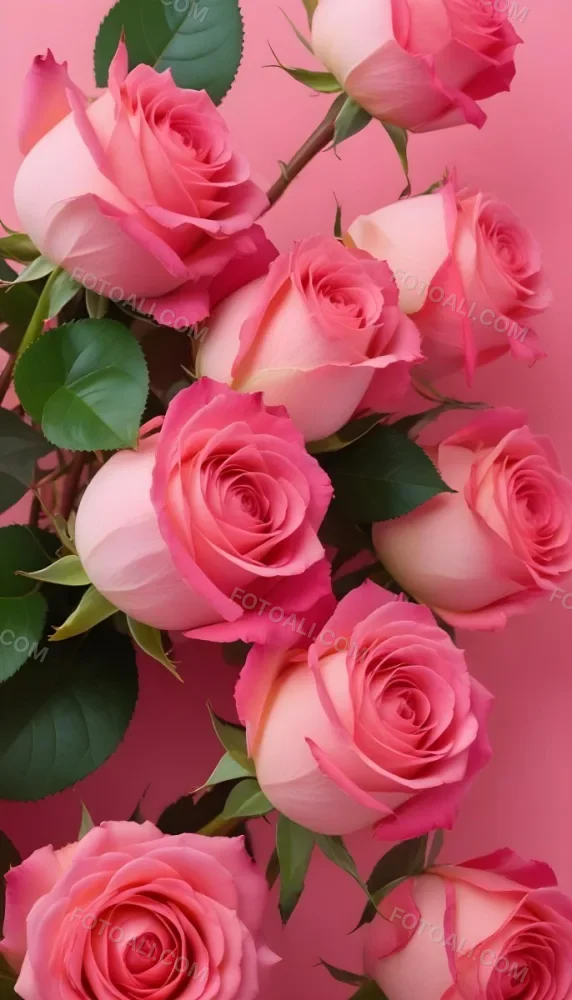 A Bouquet Of Vibrant Pink Roses With Green Leaves Against A Pink Background 1 1835