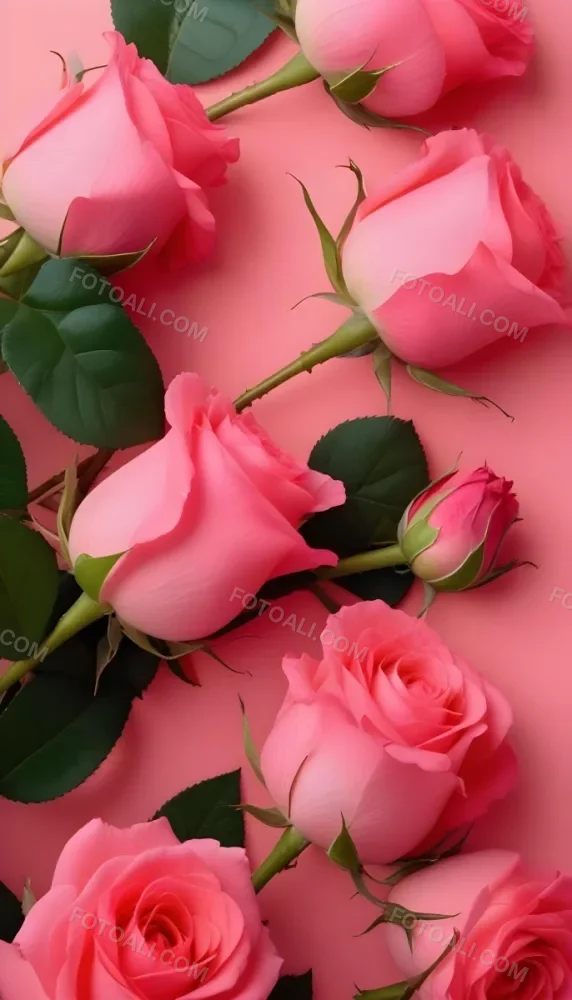 A Bouquet Of Vibrant Pink Roses With Green Leaves Against A Pink Background 2 3cb5