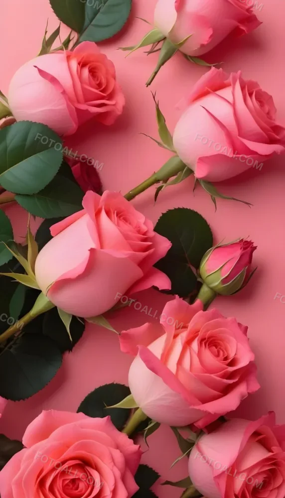 A Bouquet Of Vibrant Pink Roses With Green Leaves Against A Pink Background 3 638c