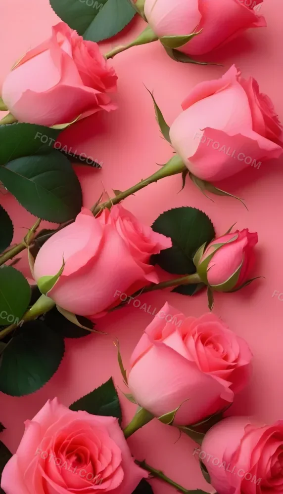A Bouquet Of Vibrant Pink Roses With Green Leaves Against A Pink Background 4 9d0a