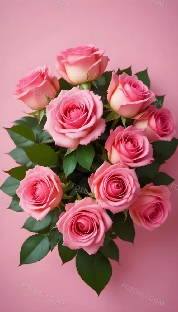 A Bouquet Of Vibrant Pink Roses With Green Leaves Against A Pink Background 6 6708