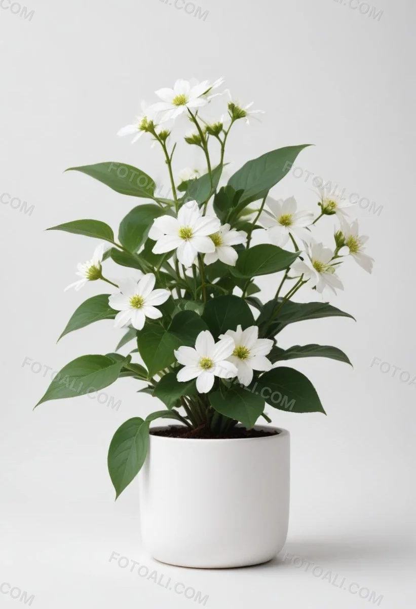 A Bouquet Of White Daisy Like Flowers With Green Leaves In A White Vase On A Plain Background 1 490c