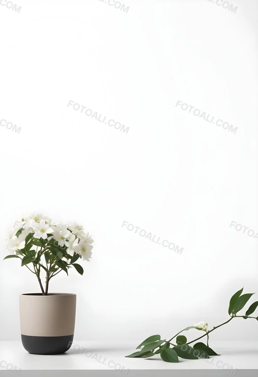 A Bouquet Of White Daisy Like Flowers With Green Leaves In A White Vase On A Plain Background 1 Ff19