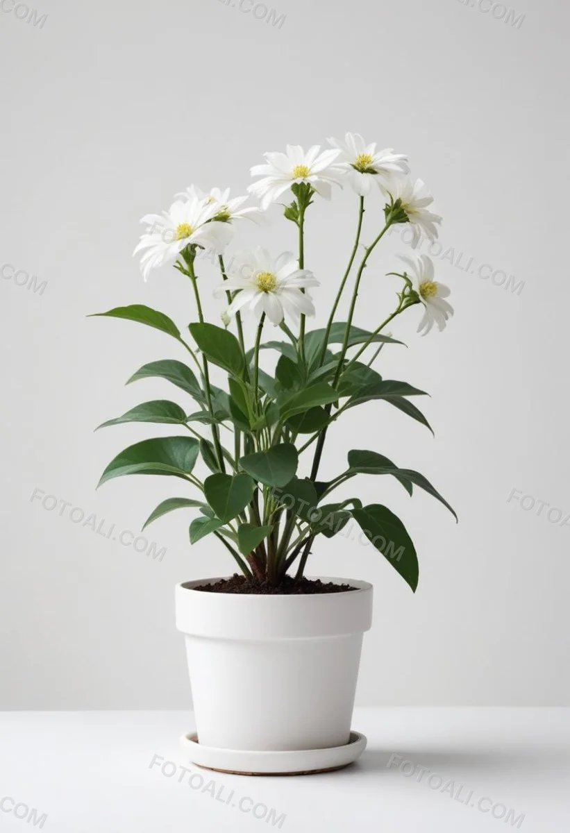 A Bouquet Of White Daisy Like Flowers With Green Leaves In A White Vase On A Plain Background 11 Cc88